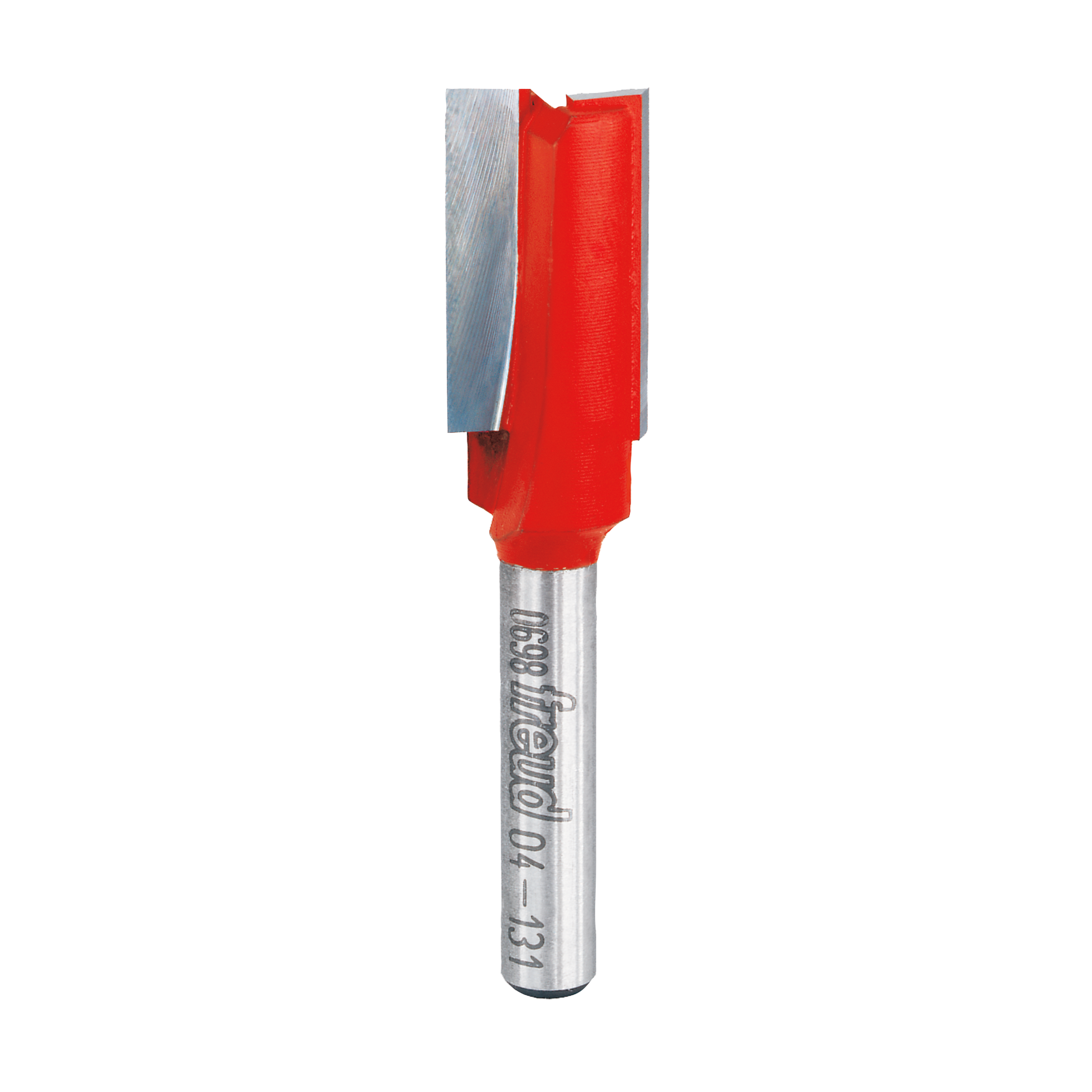 Red and silver straight router bit with two cutting flutes and cylindrical shank.