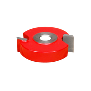 Red circular router bit with central bore and two gray cutting blades attached on opposing sides.