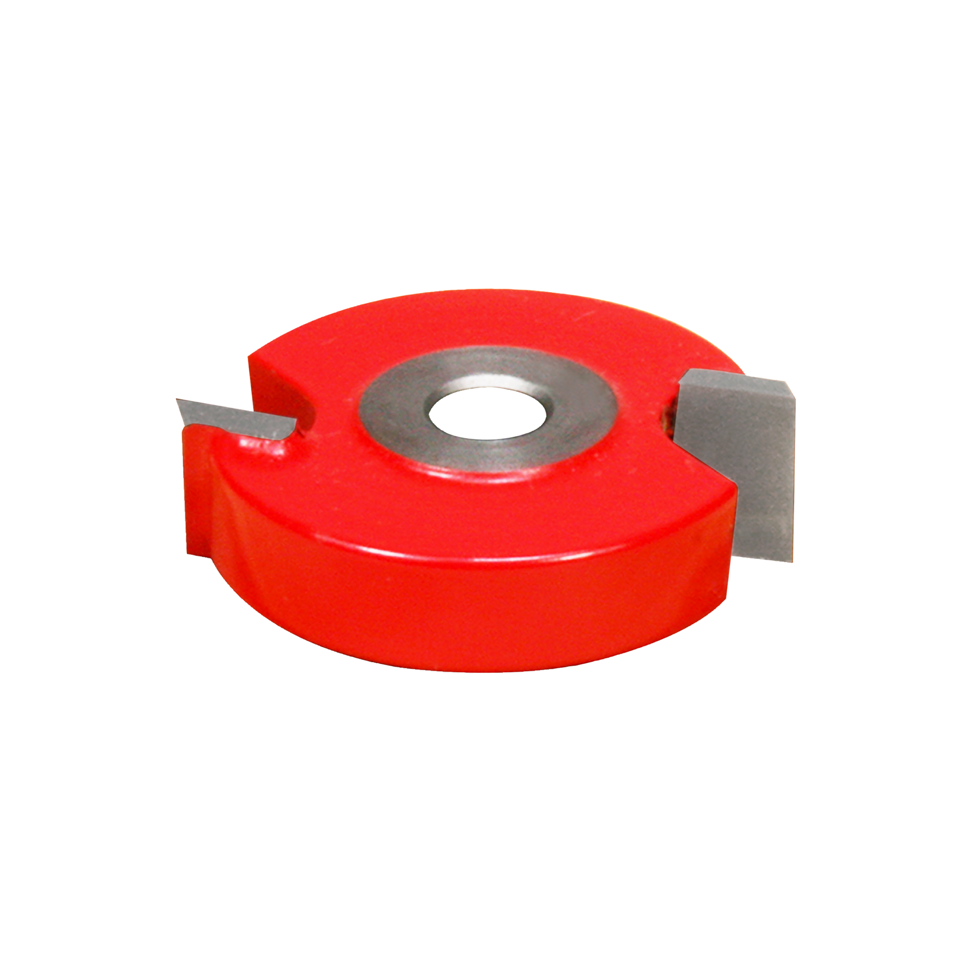 Red circular router bit with central bore and two gray cutting blades attached on opposing sides.