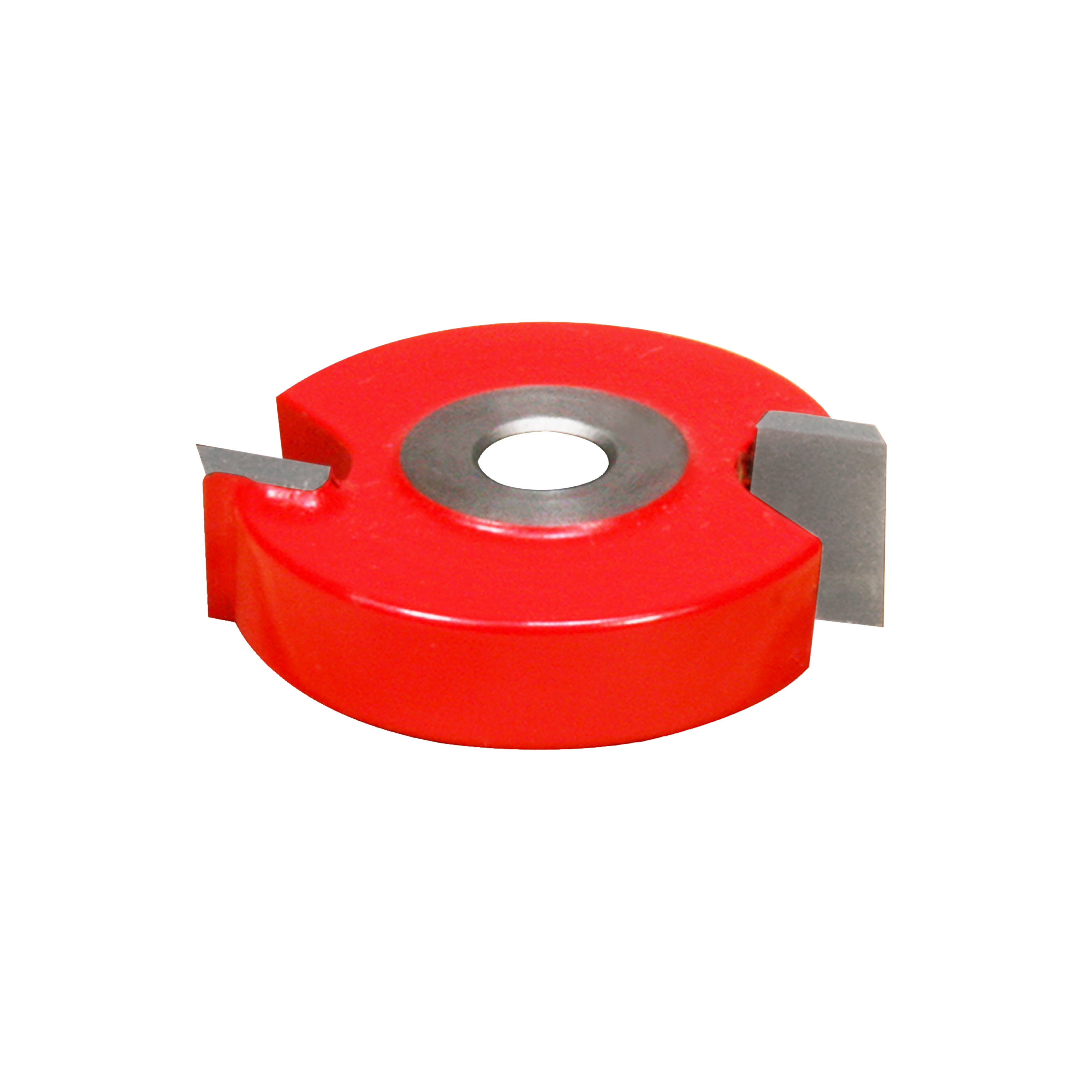 Red circular router bit with central bore and two gray cutting blades attached on opposing sides.