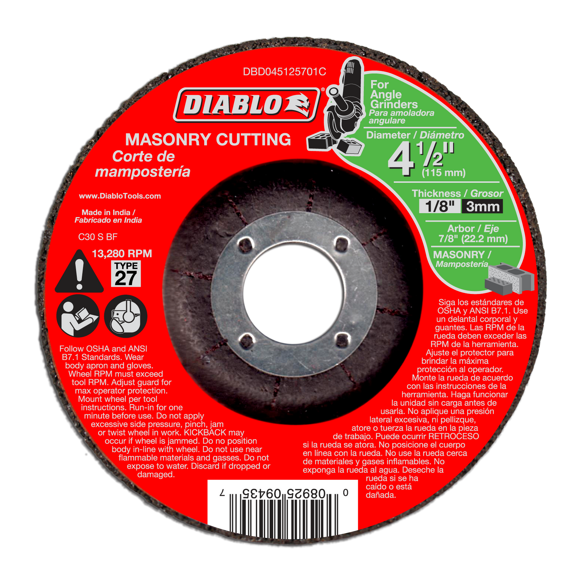 Red and black Diablo masonry cutting disc with white center arbor, labeled Type 27, 4-1/2 inch diameter.