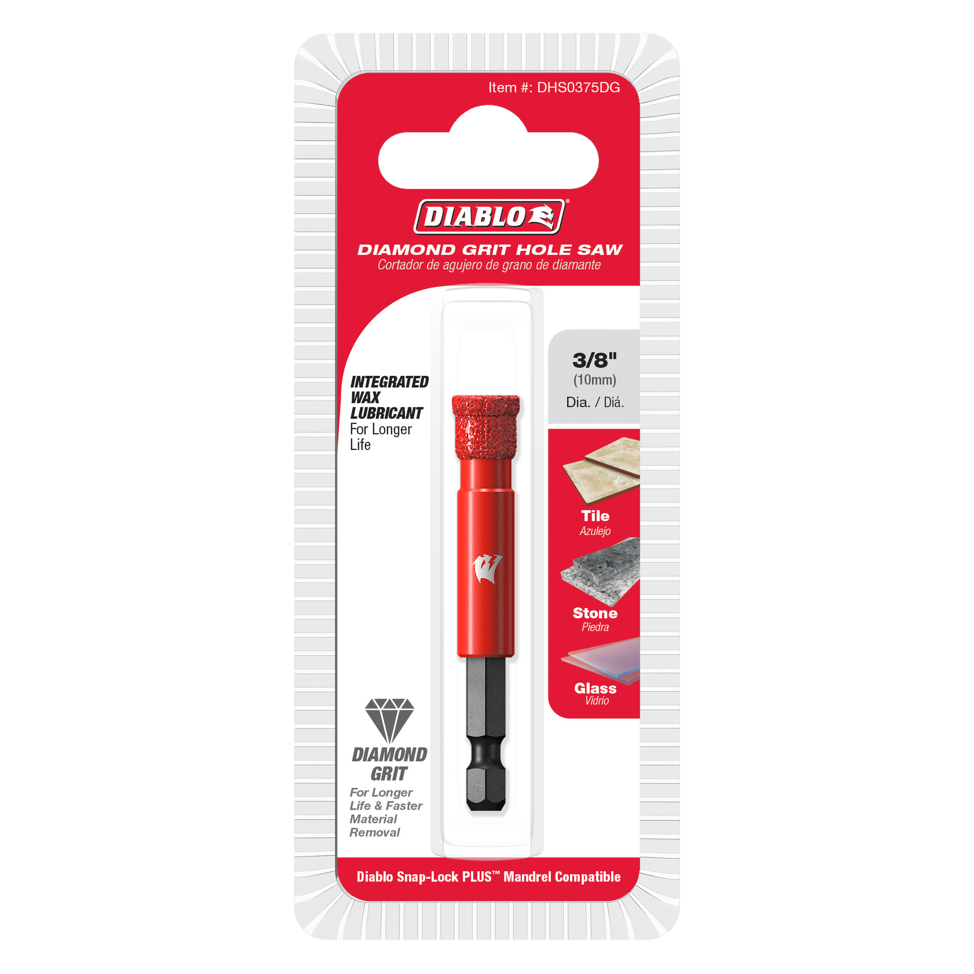 Red diamond grit hole saw bit, 3/8 inch diameter, with black hex shank on retail packaging card.