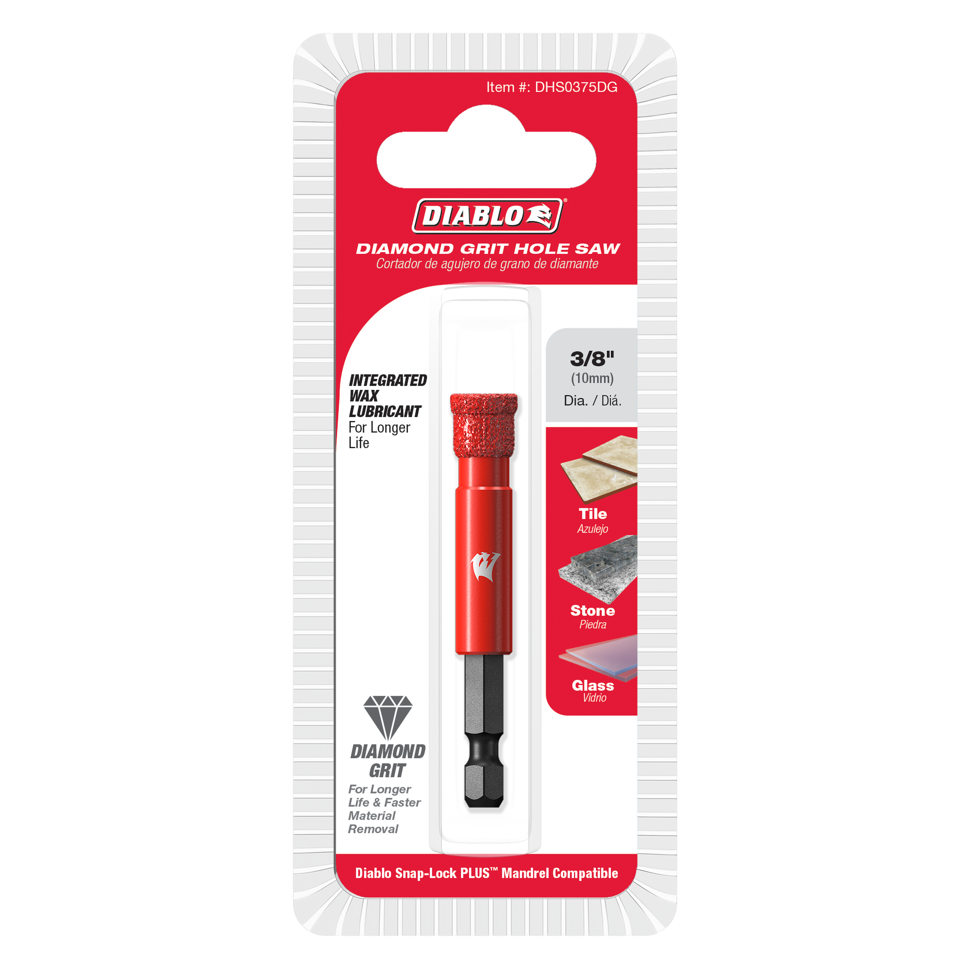 Red diamond grit hole saw bit, 3/8 inch diameter, with black hex shank on retail packaging card.