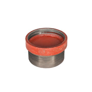 Cylindrical metal drain component with red rubber gasket and threaded metal base.