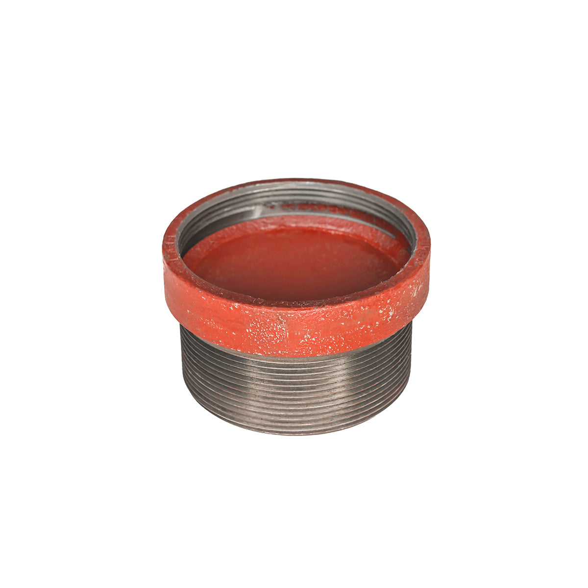 Cylindrical metal drain component with red rubber gasket and threaded metal base.