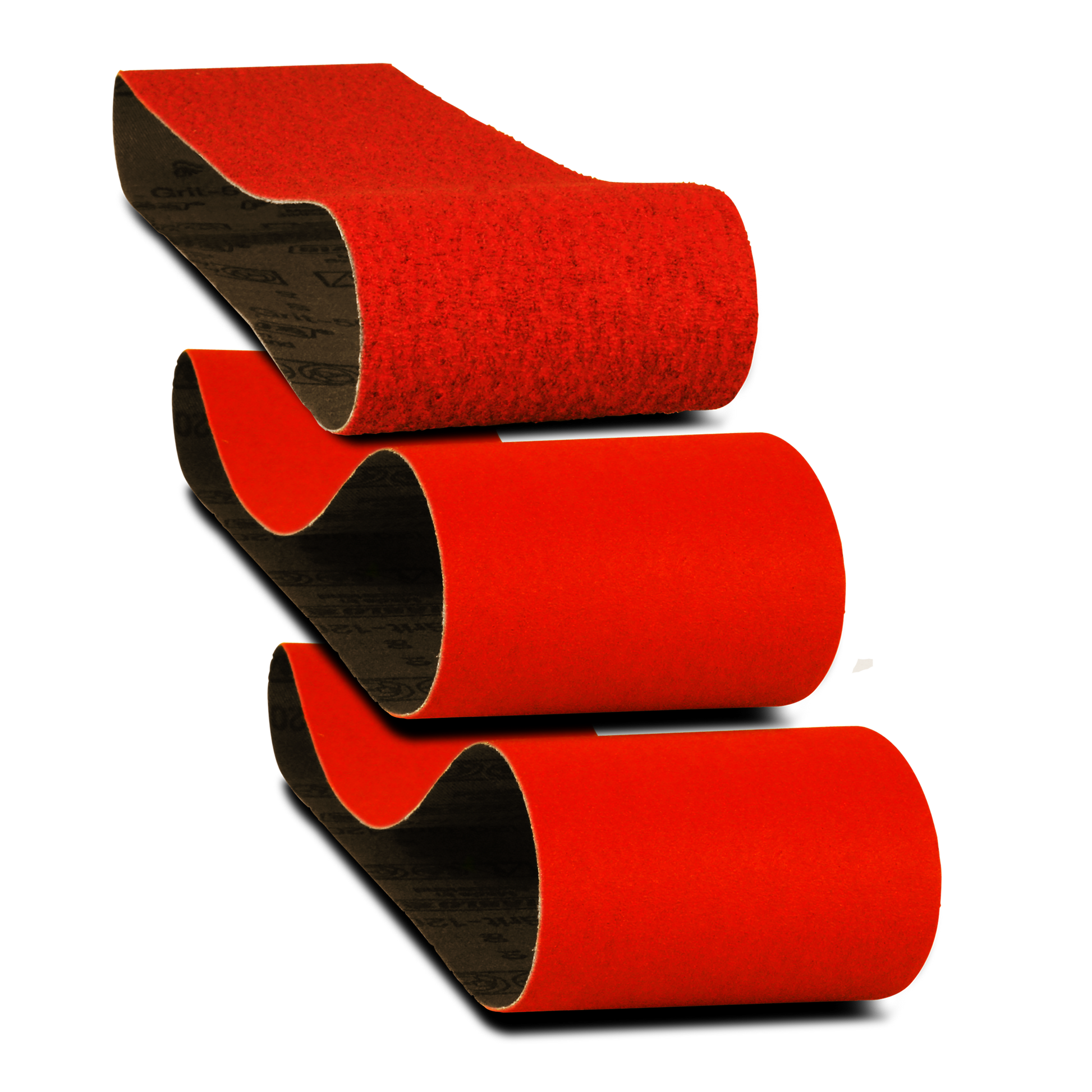 Three red sanding belts with black backing material stacked diagonally against white background.