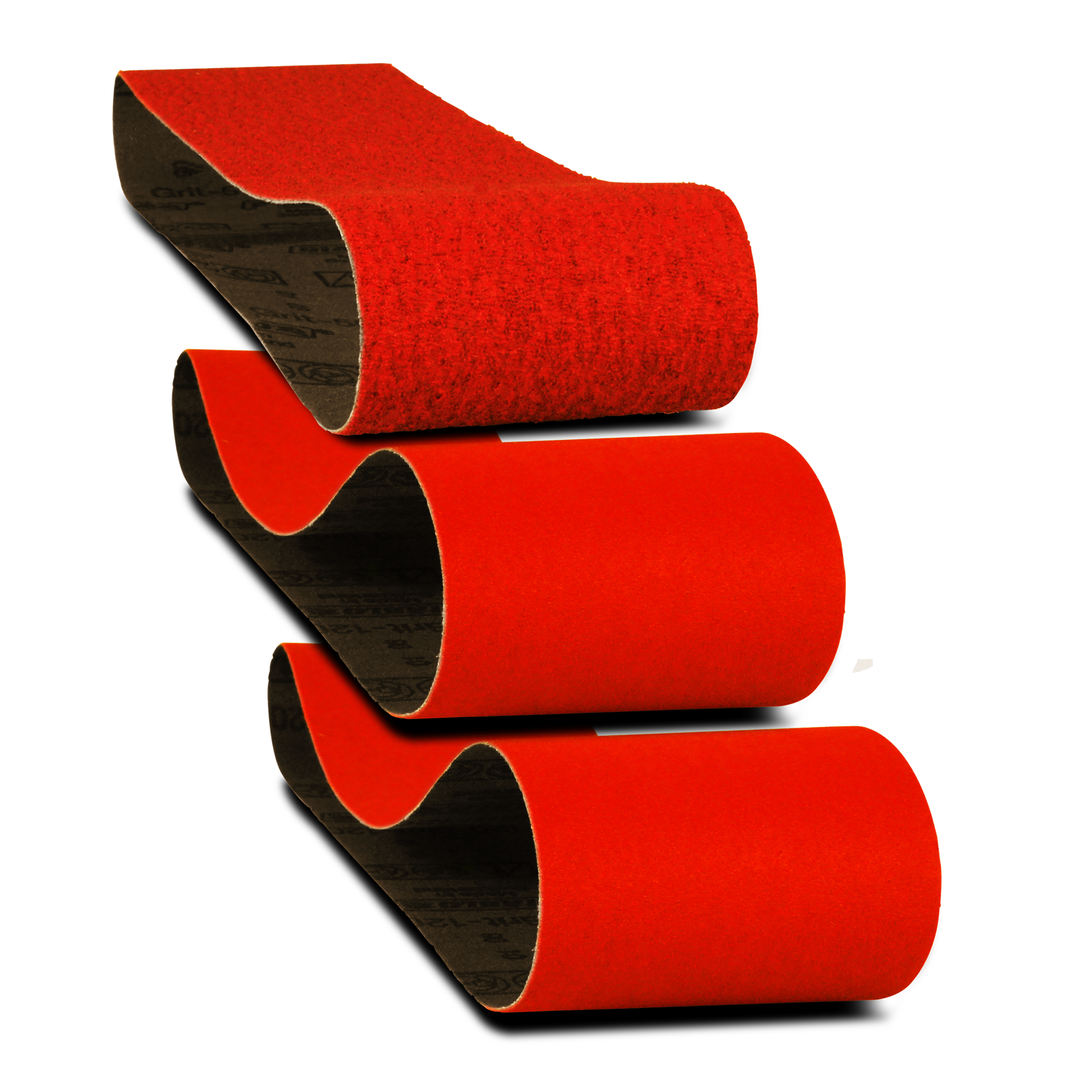 Three red sanding belts with black backing material stacked diagonally against white background.