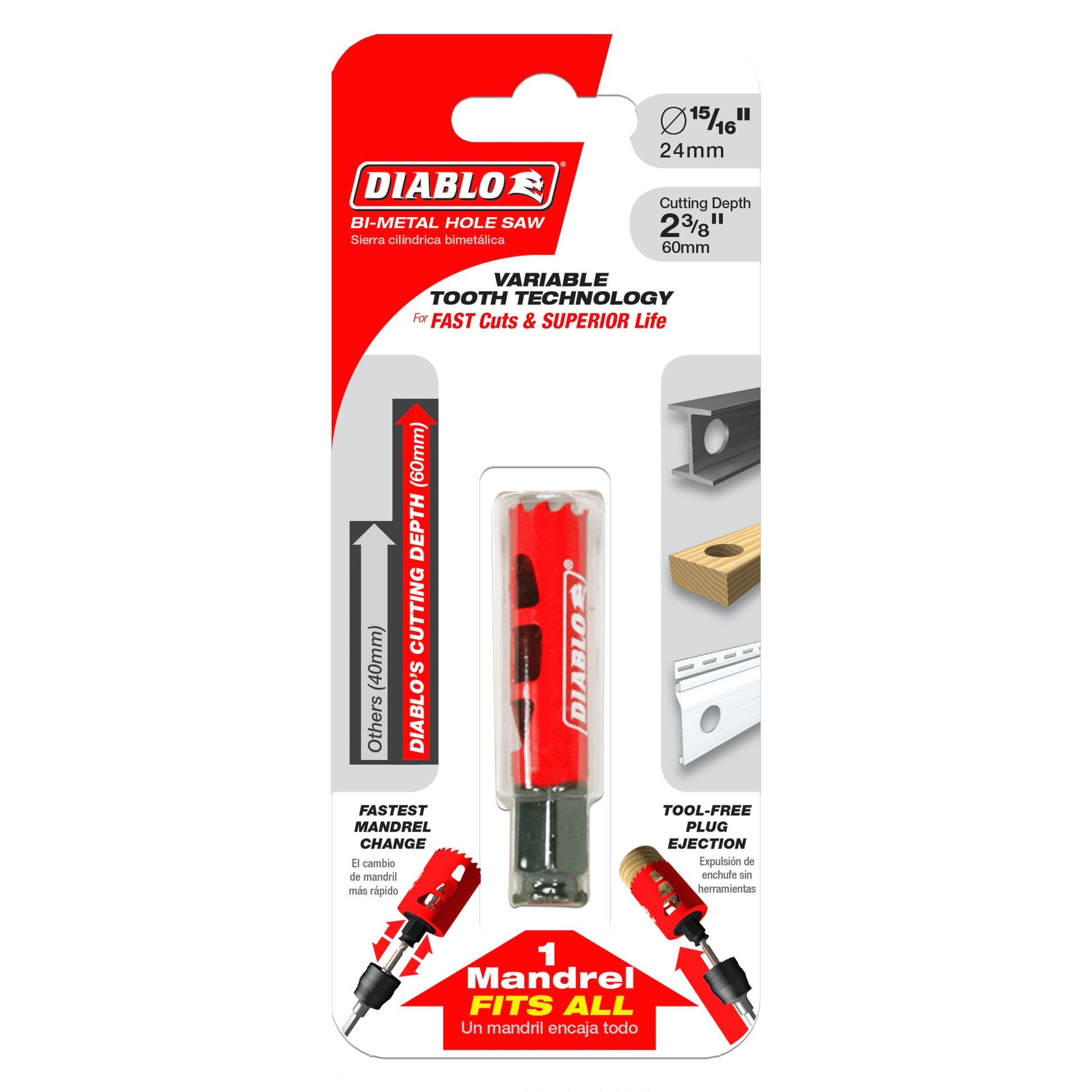 Diablo DHS0938 bi-metal hole saw in 15/16 inch size with red body, variable tooth technology, and tool-free plug ejection sys