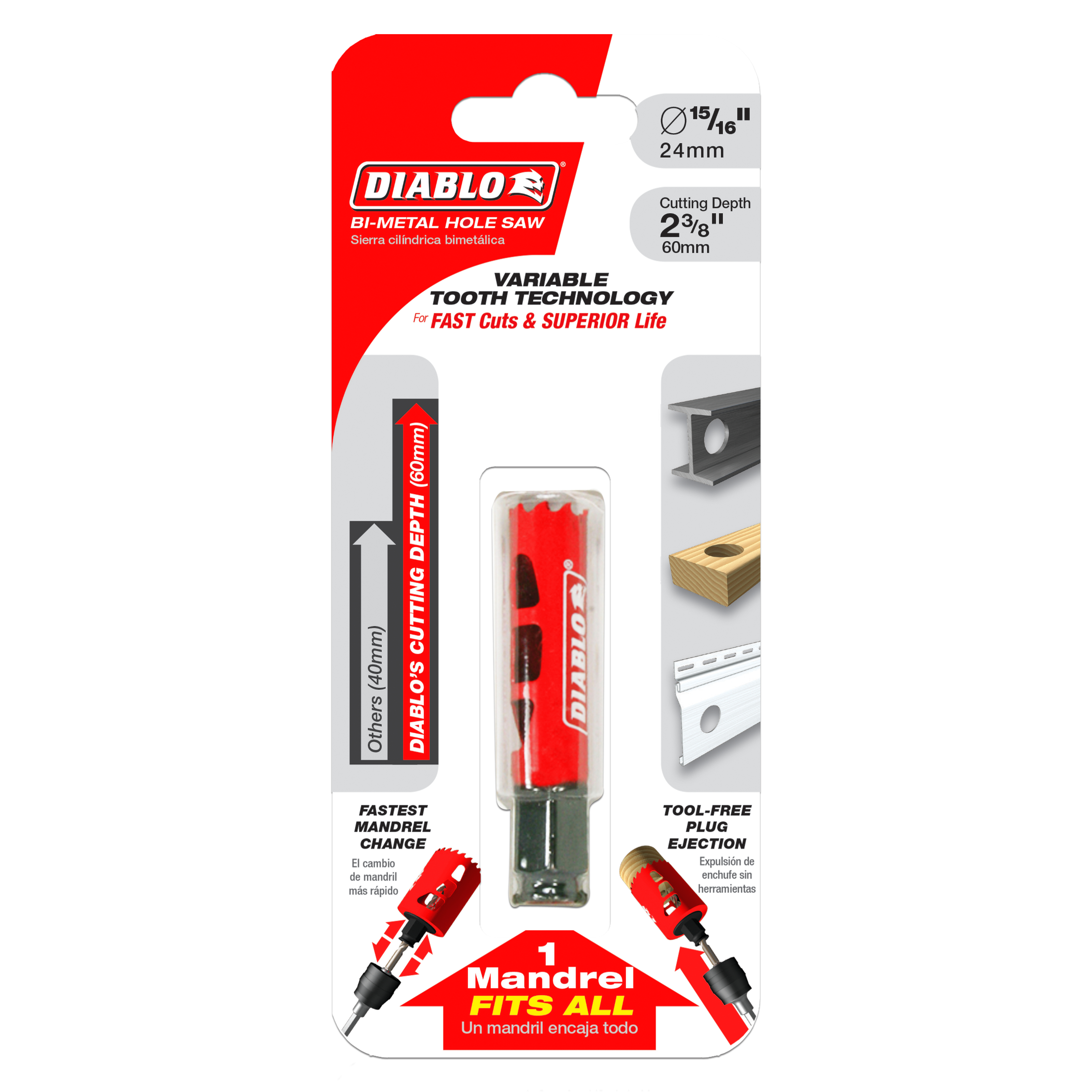 Diablo DHS0938 bi-metal hole saw in 15/16 inch size with red body, variable tooth technology, and tool-free plug ejection sys