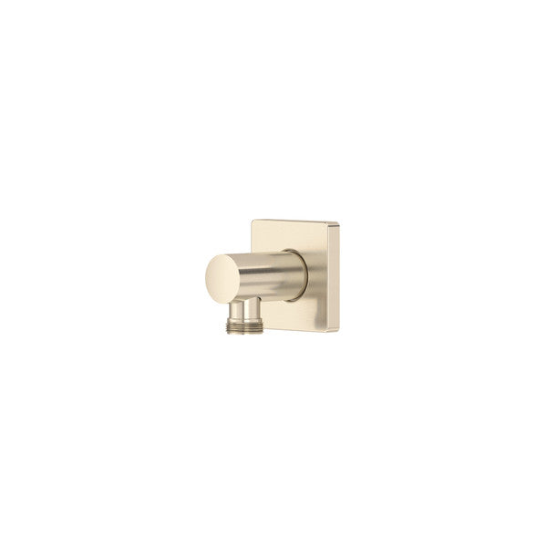 Satin nickel handshower outlet with square escutcheon plate and cylindrical spout connector.