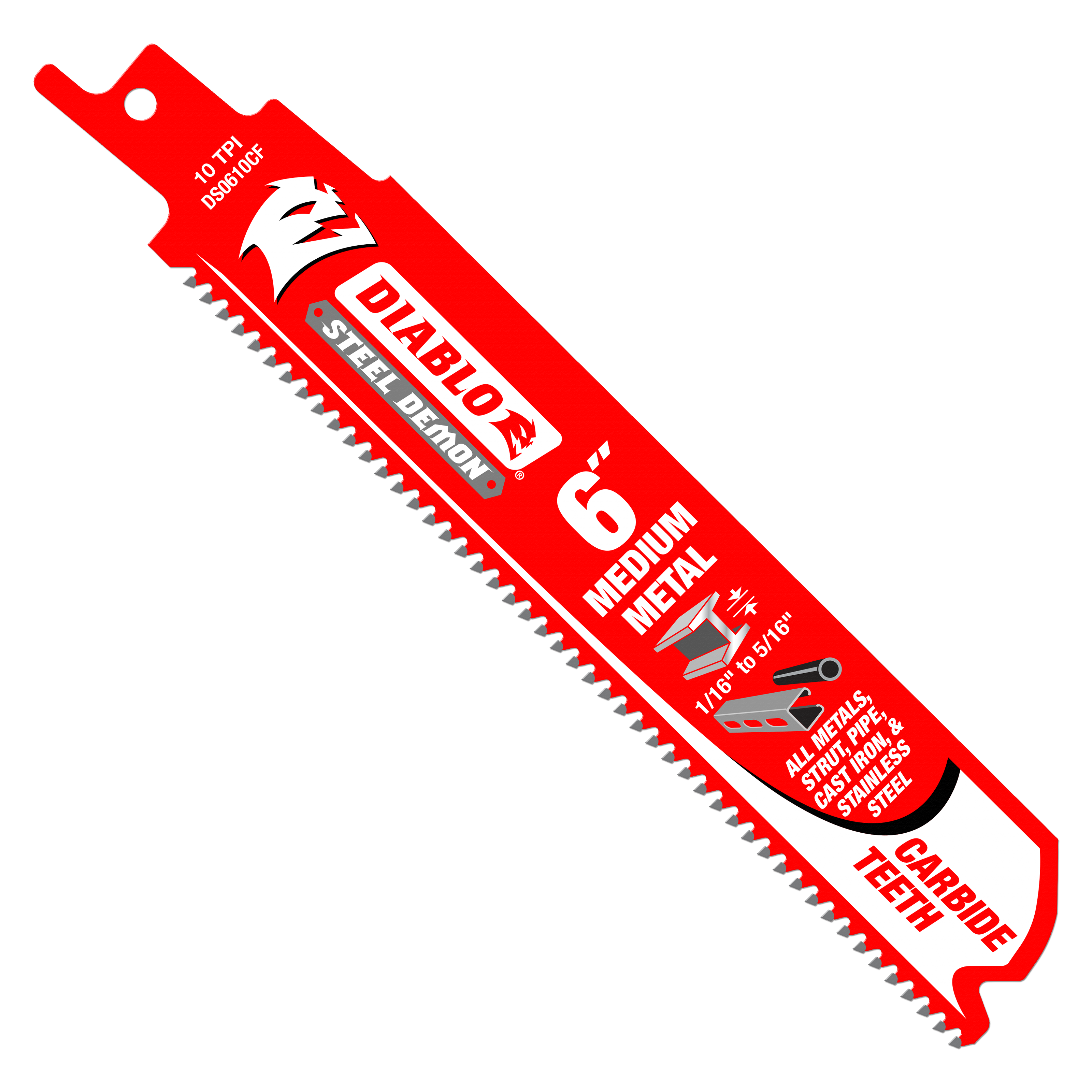 Diablo Steel Demon 6-inch carbide reciprocating saw blade with fine teeth for medium metal cutting.