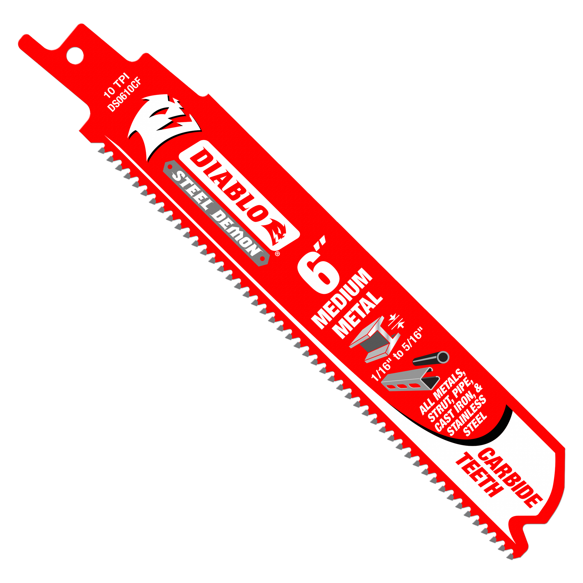 Red Diablo Steel Demon 6-inch carbide reciprocating saw blade with fine teeth for medium metal cutting.