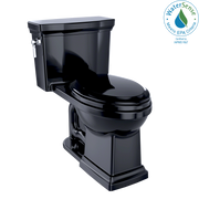 Ebony two-piece elongated toilet with soft-close seat and chrome lever handle.