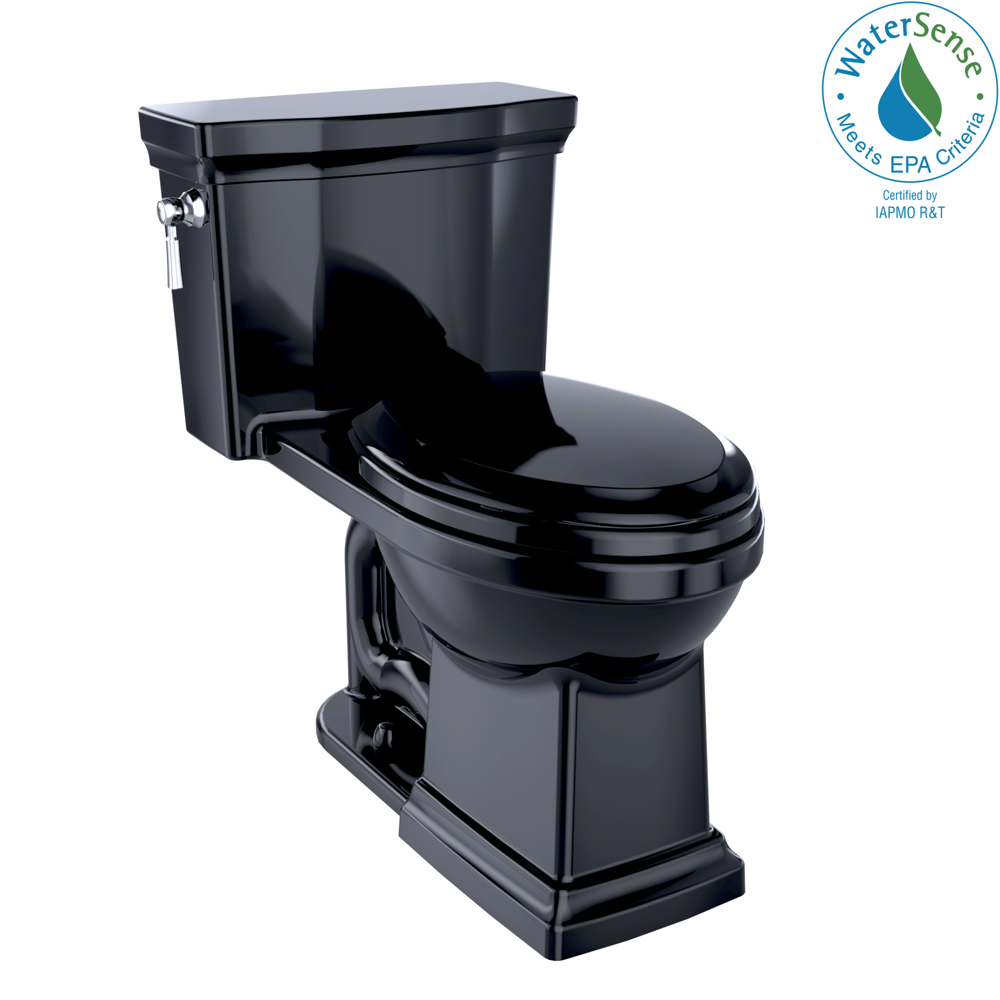 Ebony two-piece elongated toilet with soft-close seat and chrome lever handle.