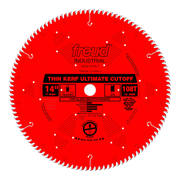 Red circular saw blade with 108 teeth, 14-inch diameter, white center arbor hole, and printed specifications for thin kerf cu