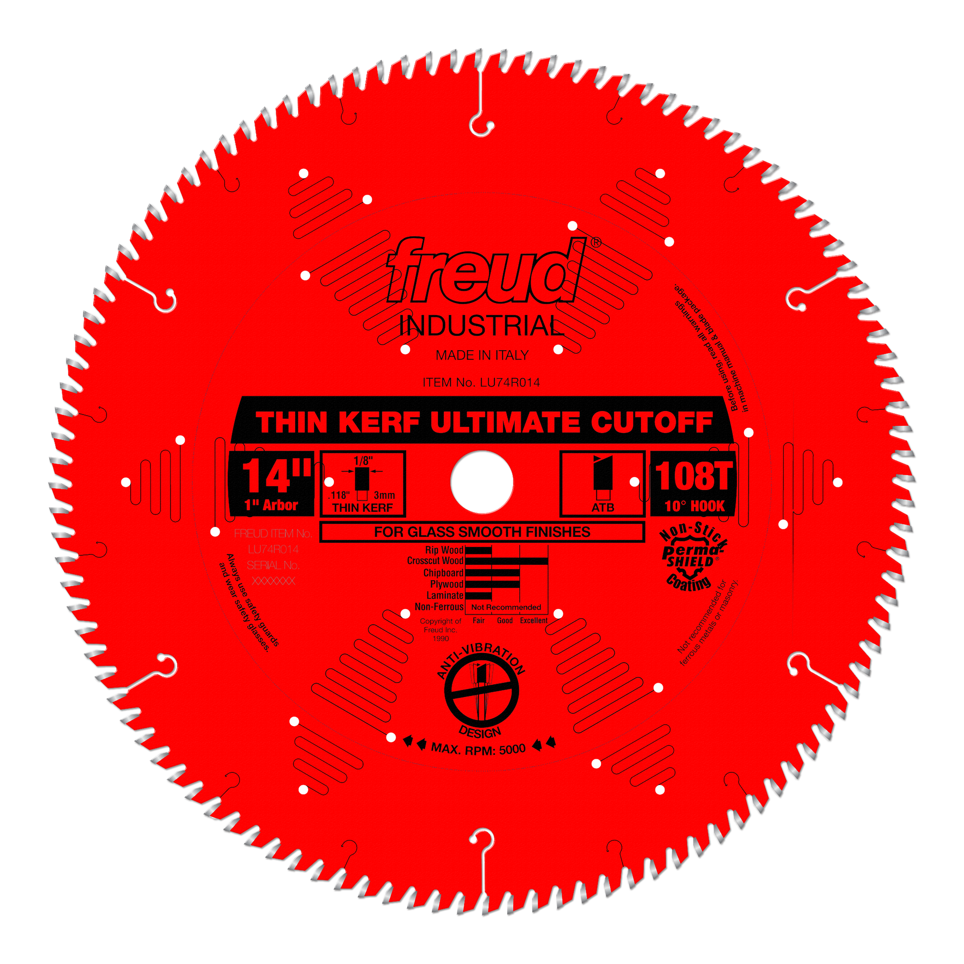 Red circular saw blade with 108 teeth, 14-inch diameter, white center arbor hole, and printed specifications for thin kerf cu