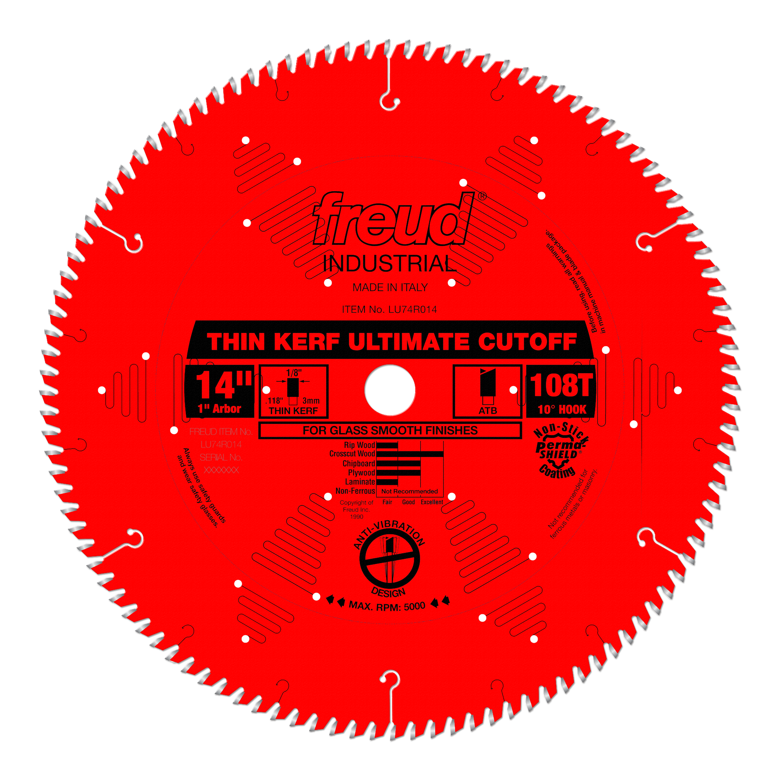 Red circular saw blade with 108 teeth, 14-inch diameter, white center arbor hole, and printed specifications for thin kerf cu