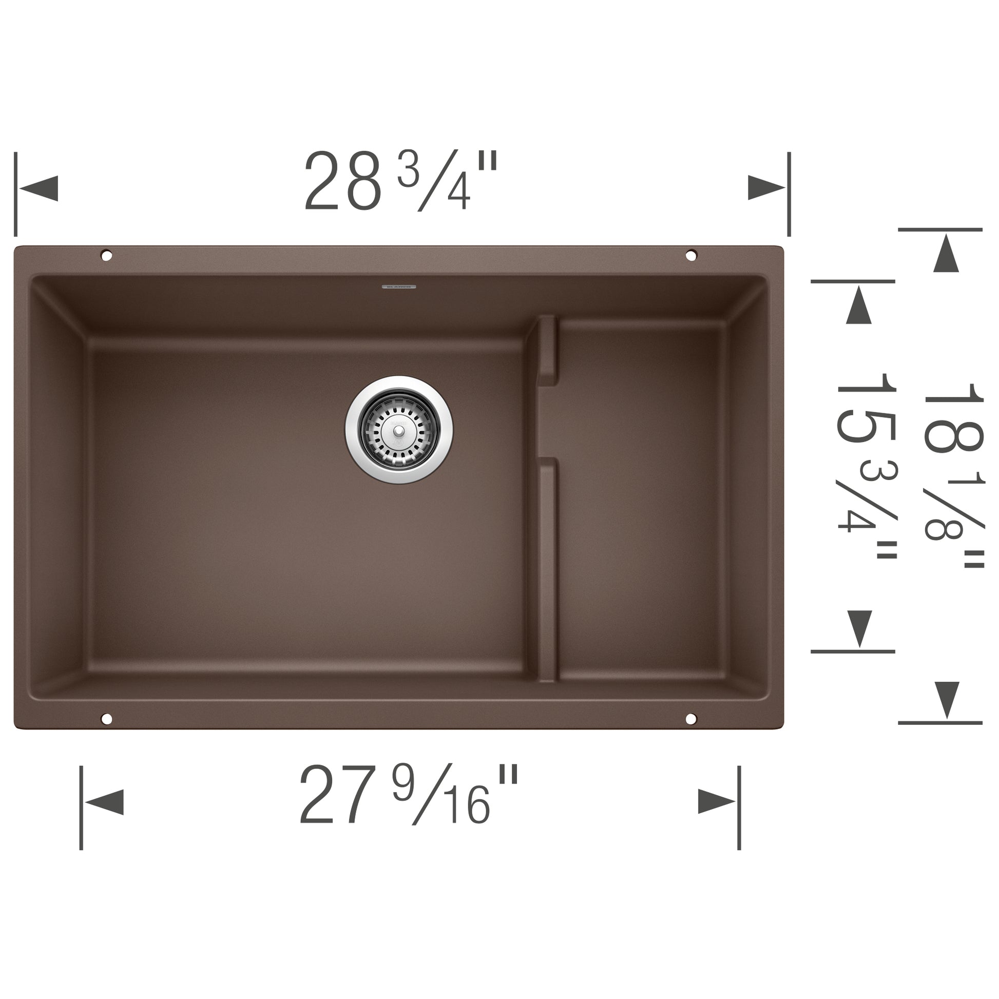 Cafe brown undermount kitchen sink with single large basin and smaller right compartment, featuring circular drain.