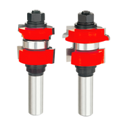 Two router bits with red cutting heads and silver shanks, featuring black hex nuts on top.