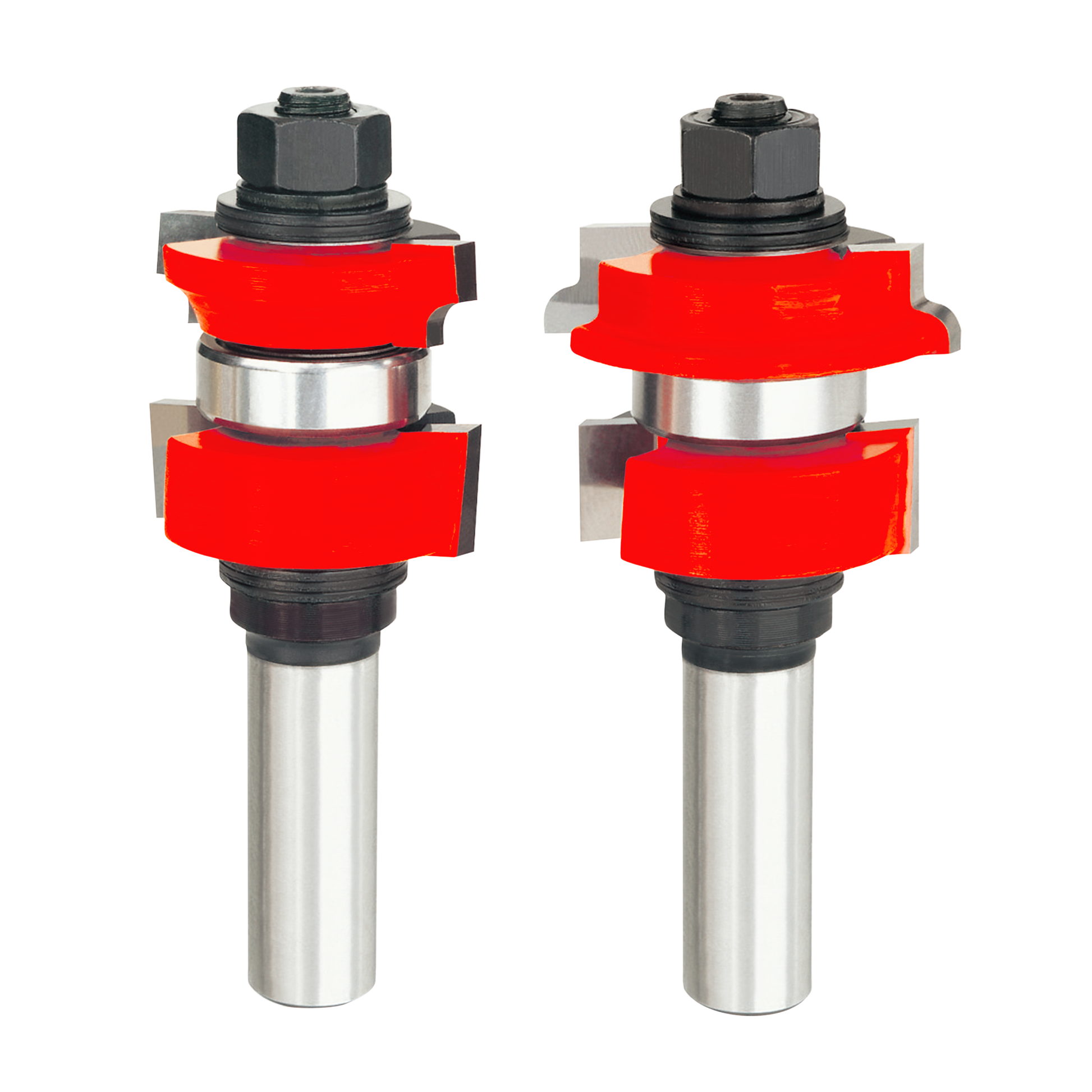 Two router bits with red cutting heads and silver shanks, featuring black hex nuts on top.