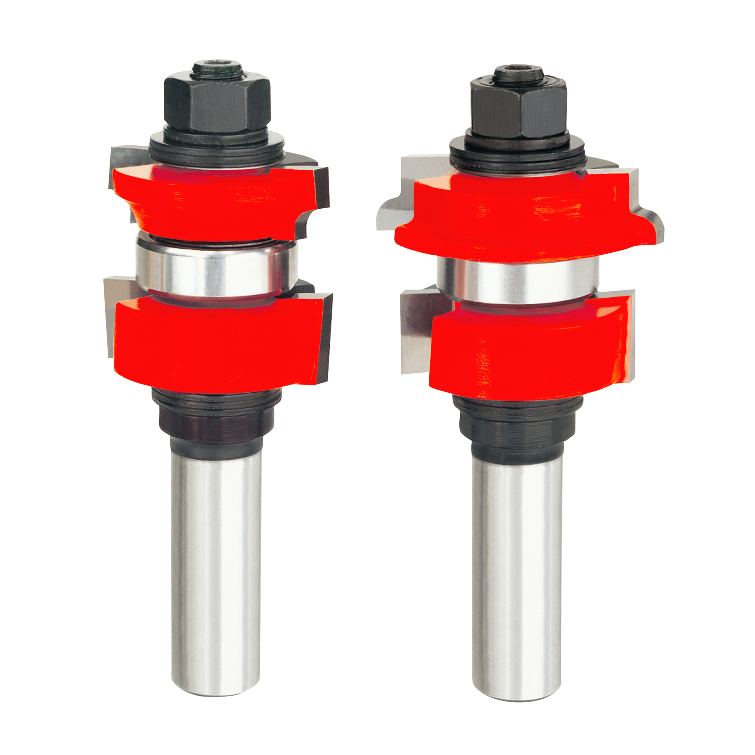 Two router bits with red cutting heads and silver shanks, featuring black hex nuts on top.
