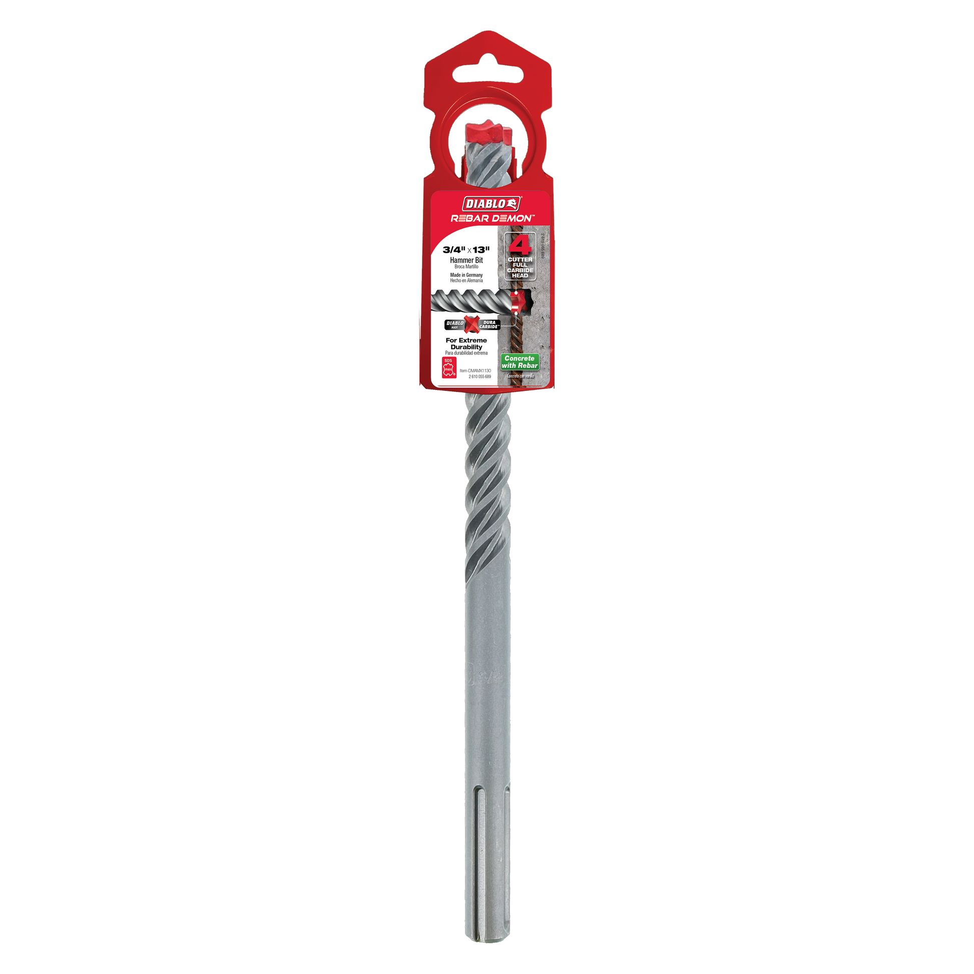 Diablo Rebar Demon SDS-Max hammer drill bit with 4-cutter carbide head and red retail packaging.