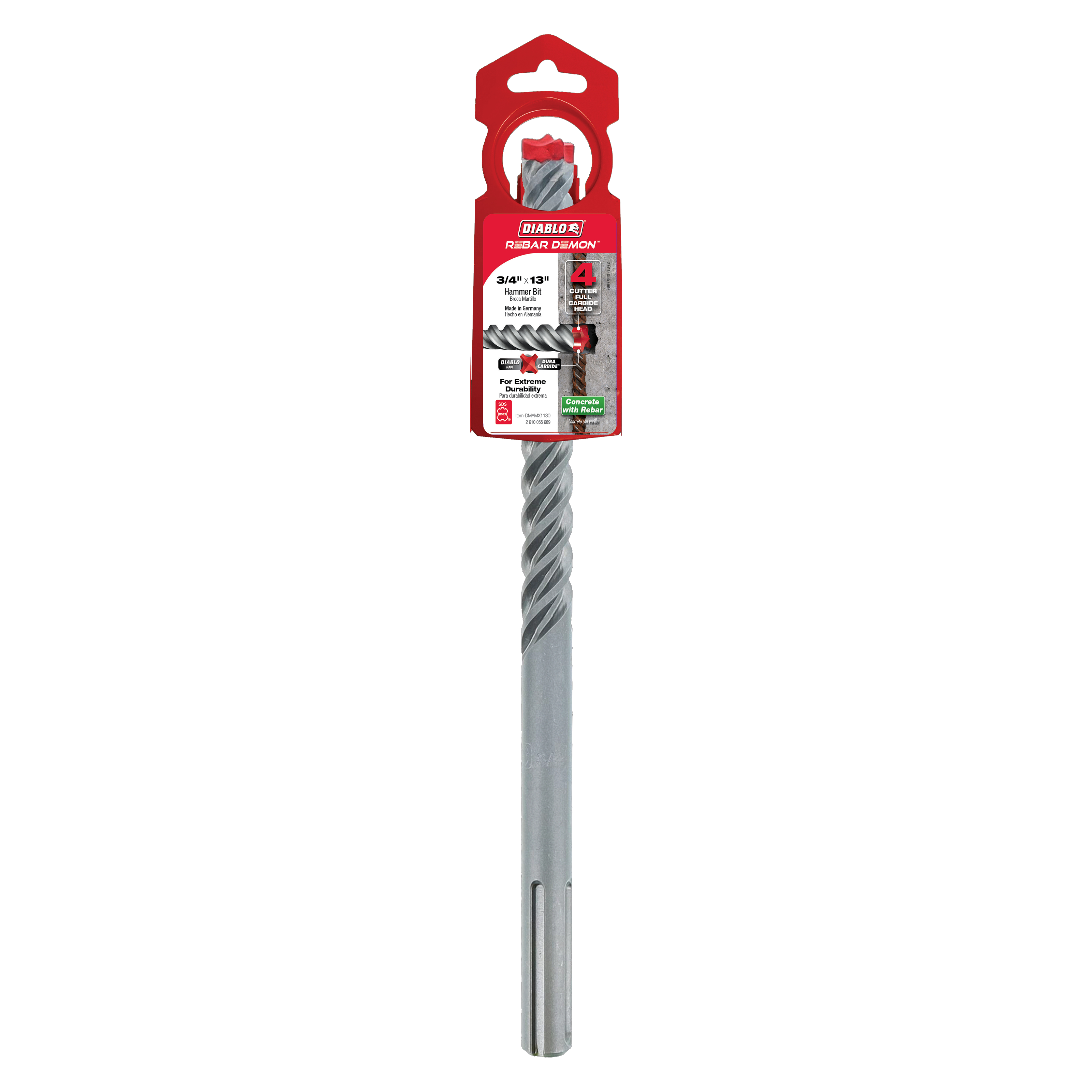 Diablo Rebar Demon SDS-Max hammer drill bit with 4-cutter carbide head and red retail packaging.