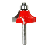 Red router bit with rounded cutting edge, silver metal shaft and bearing collar.