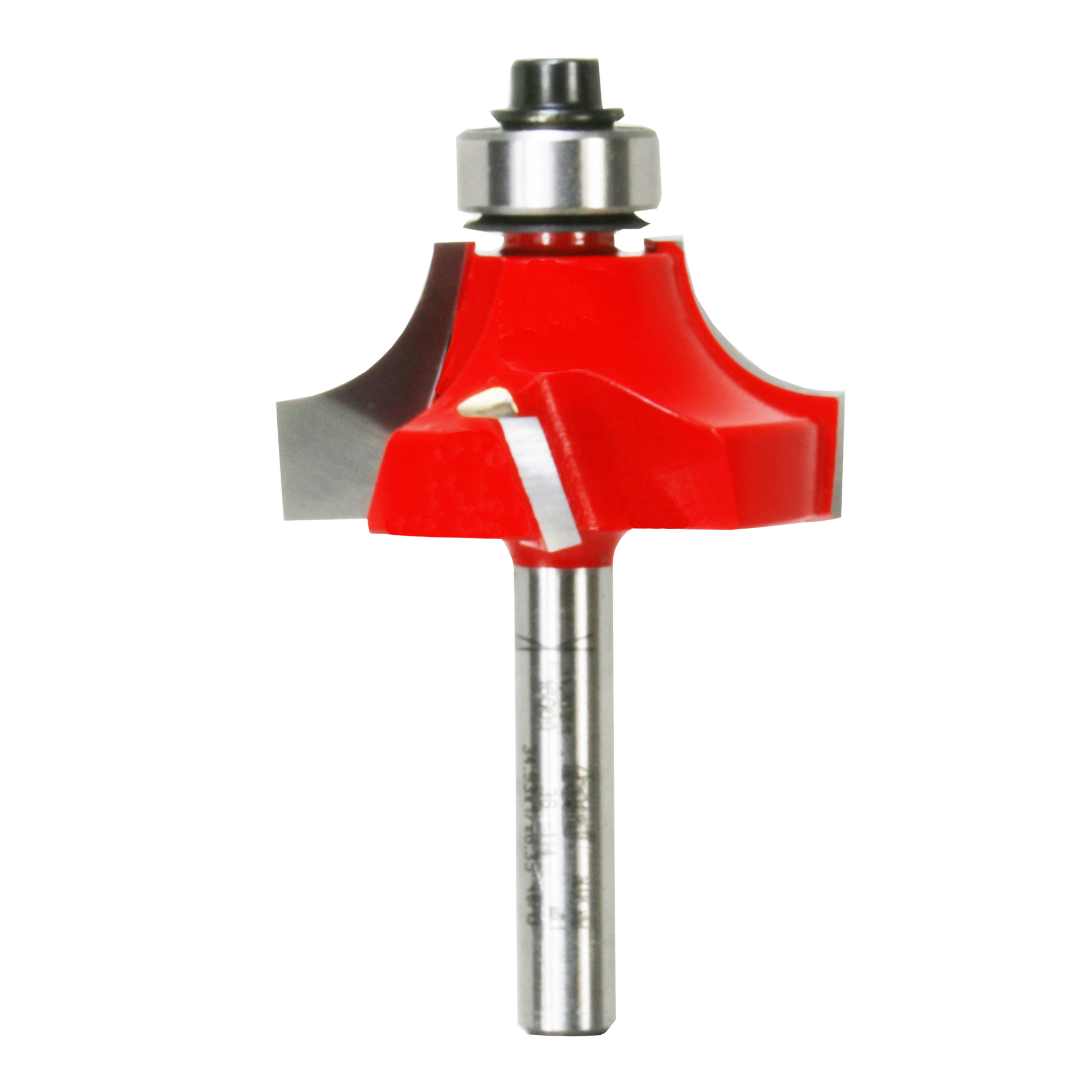 Red router bit with rounded cutting edge, silver metal shaft and bearing collar.