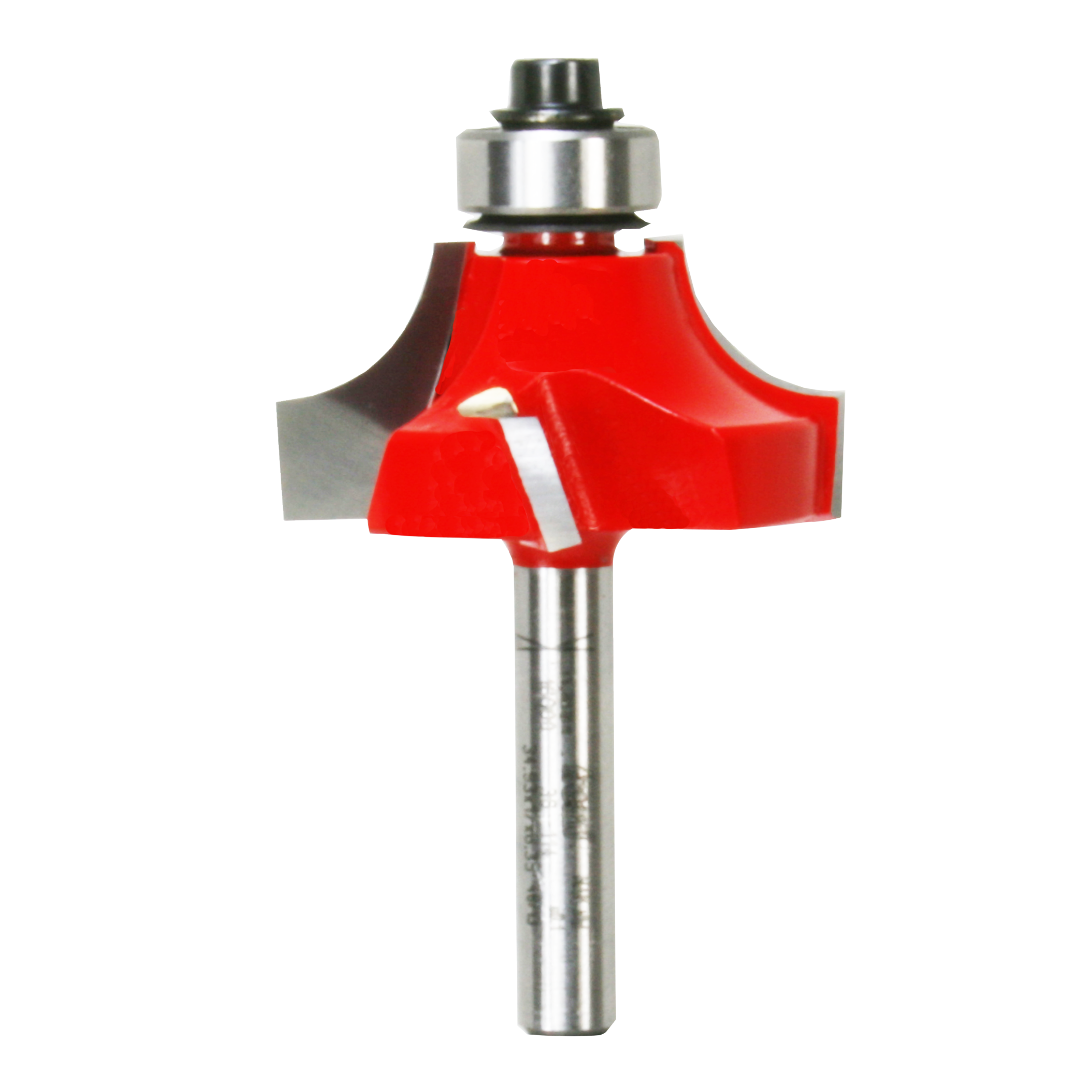 Red router bit with rounded cutting edge, silver metal shaft and bearing collar.