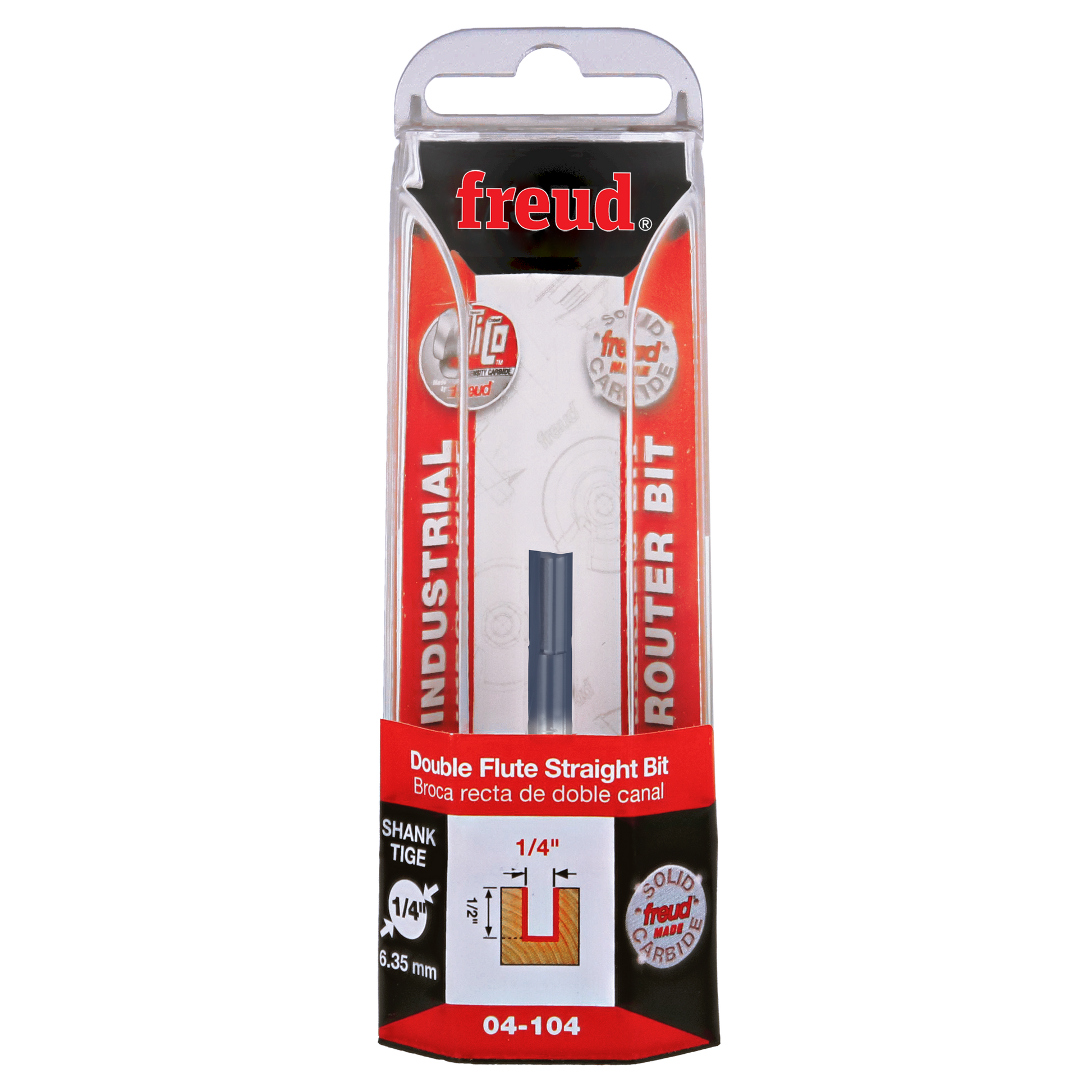 Freud 1/4" double flute straight router bit with black shank in clear clamshell packaging.