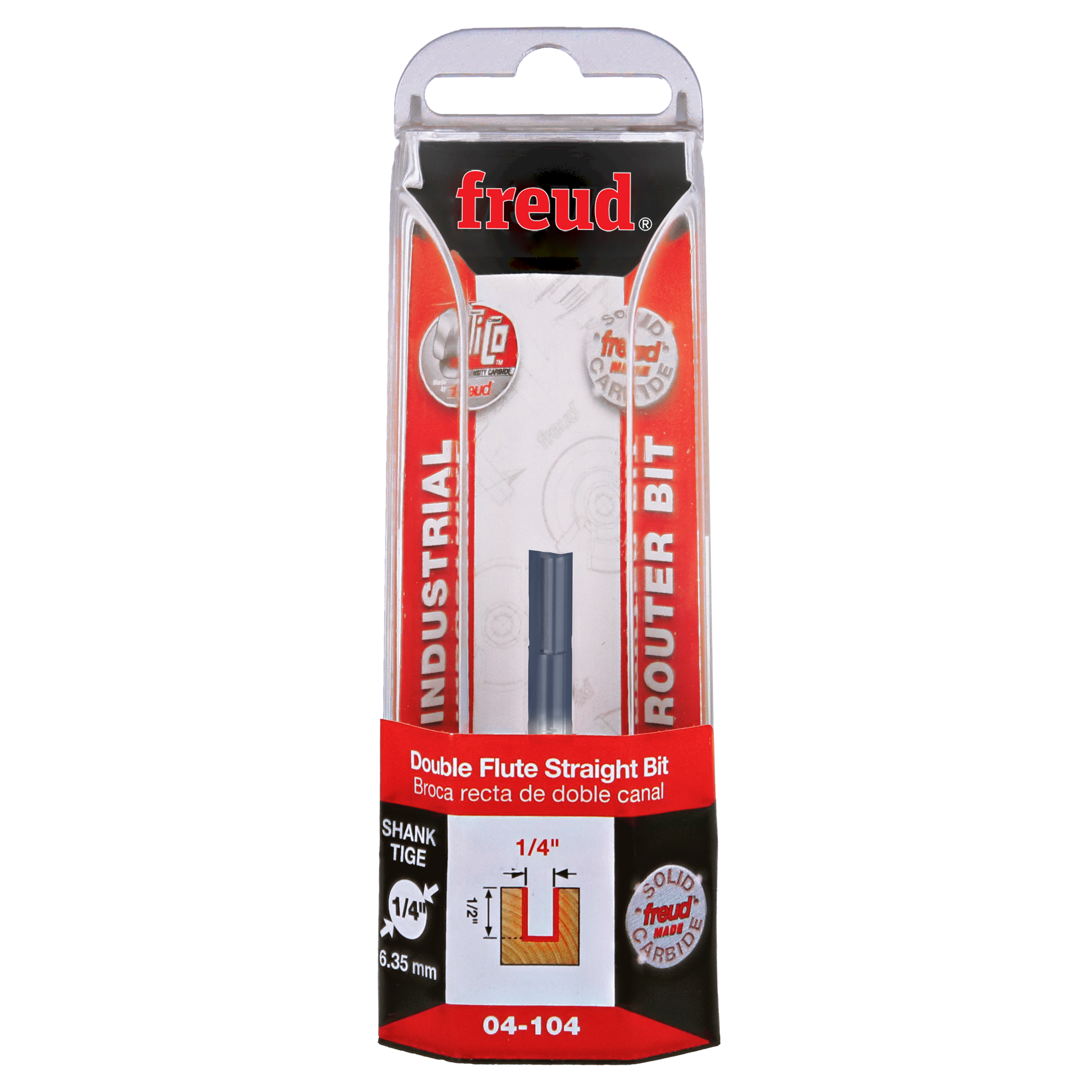 Freud 1/4" double flute straight router bit with black shank in clear clamshell packaging.