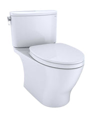 Cotton white two-piece elongated toilet with soft-close seat and separate tank with side lever.