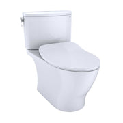 Two-piece elongated toilet in cotton white with separate soft-close seat and tank with side lever.