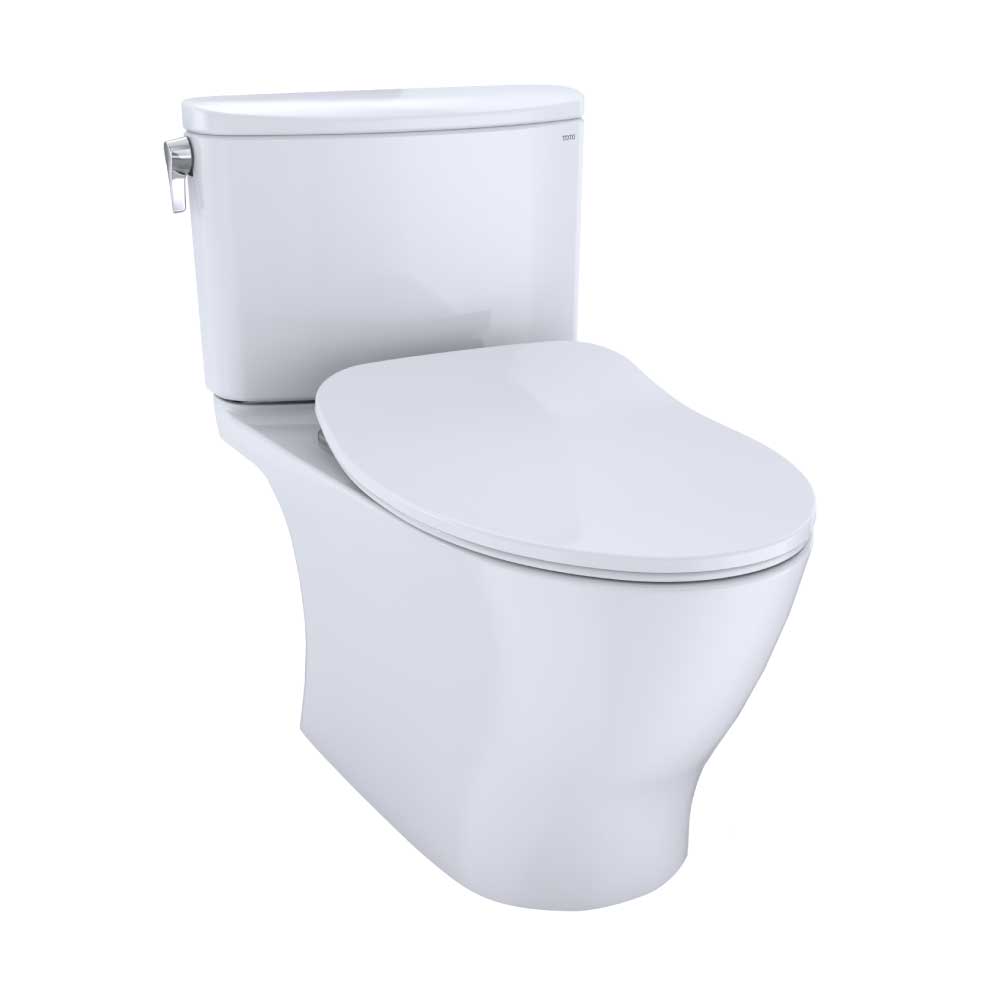 Two-piece elongated toilet in cotton white with separate soft-close seat and tank with side lever.