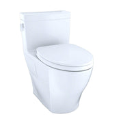 White one-piece elongated toilet with soft-close seat and integrated tank.