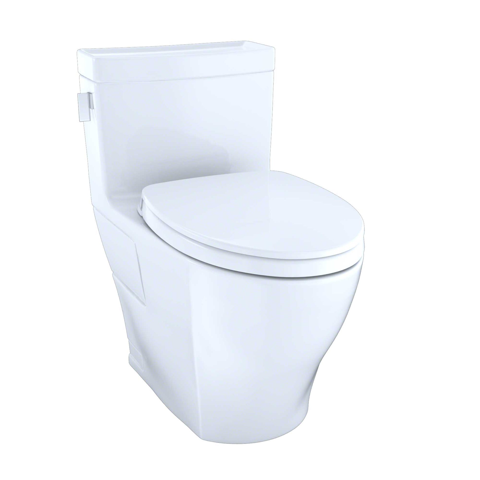 White one-piece elongated toilet with soft-close seat and integrated tank.