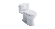 White one-piece elongated toilet with closed seat and tank integrated into the bowl unit.