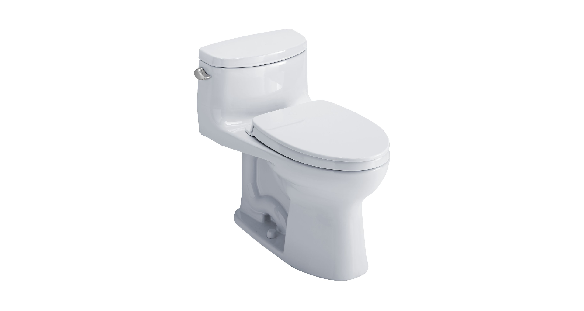 White one-piece elongated toilet with closed seat and tank integrated into the bowl unit.