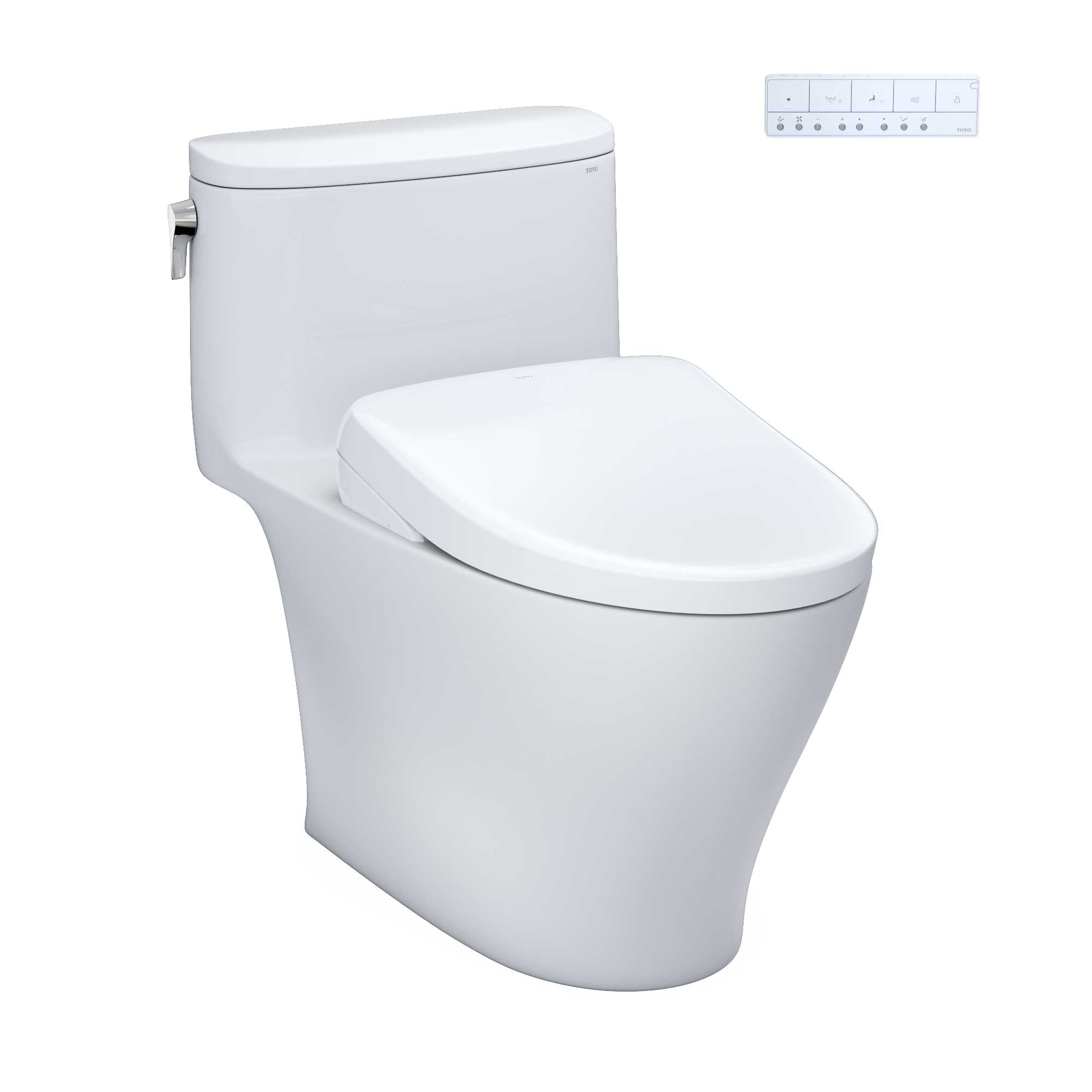 Toto Nexus One Piece Elongated Universal Height Toilet with CEFIONTECT 1.28 GPF with Contemporary Washlet+ Auto Flush S7A Bidet Seat in Cotton White