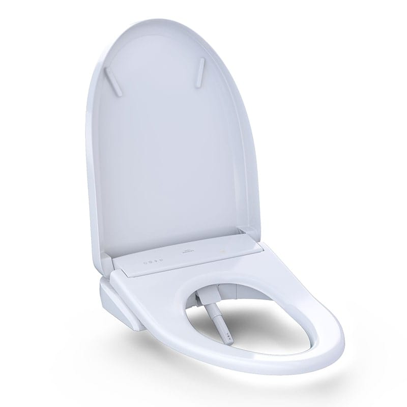 White round bidet seat with closed lid, control panel on front edge, and integrated water spray nozzle visible.