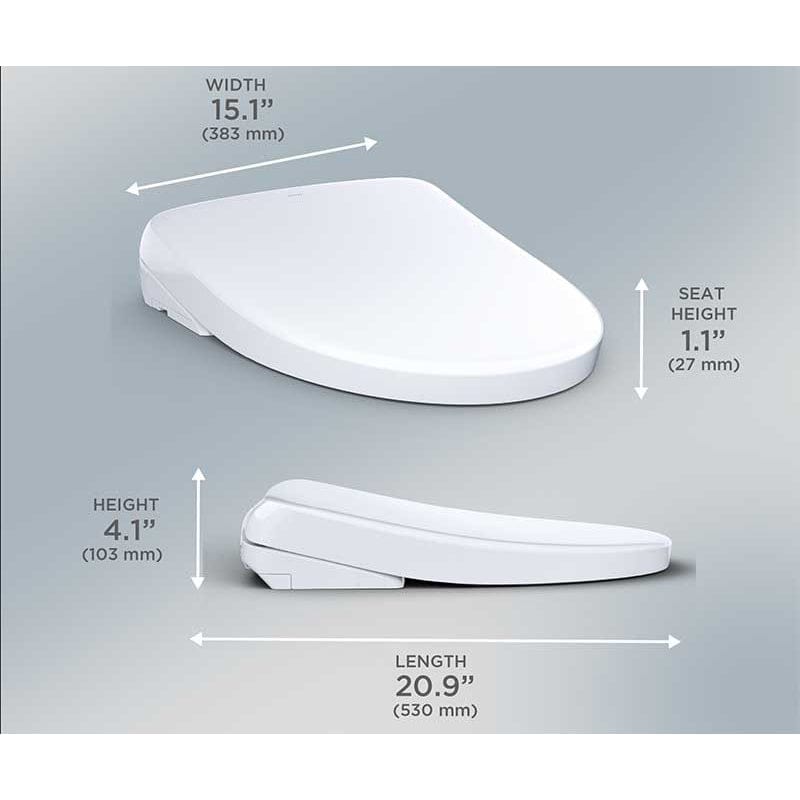 White elongated bidet seat shown from top and side angles with dimension measurements displayed.