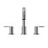 Chrome two-handle roman tub filler with vertical spout and lever handles mounted on deck.