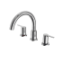 Two-handle polished chrome Roman tub filler with curved spout and deck-mount installation.