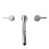 Two-handle polished chrome Roman tub filler with deck-mount spout and handles on either side.