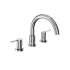 Polished chrome two-handle deck-mount Roman tub filler with curved spout and control knobs.