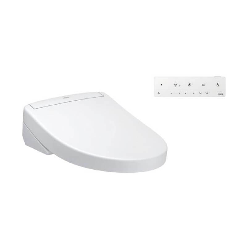 White round Toto S5 Washlet bidet seat with control remote featuring multiple function buttons.