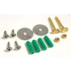 Chrome and brass mounting hardware kit with screws and green plastic anchors for toilet installation.