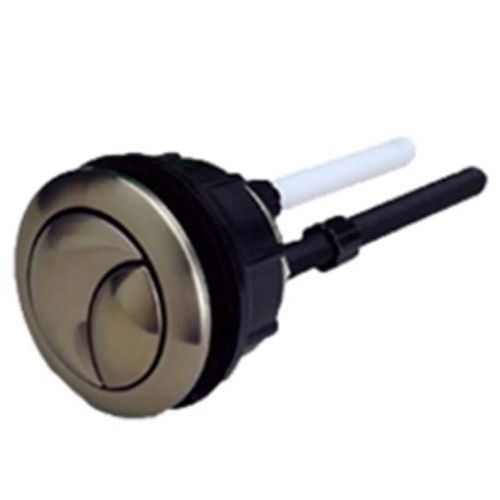 Brushed nickel push button assembly with dual oval buttons and two connecting rods in white and black.