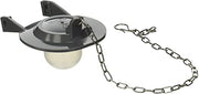 PVC toilet flapper with clear cone, black fins, and metal chain attachment.